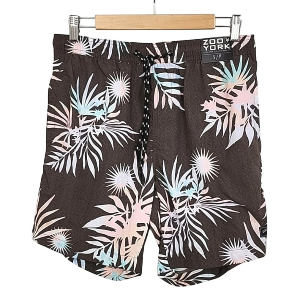 NWT Zoo York Men's Lightweight Shorts Brown Tropical Print Elastic Waist Size S